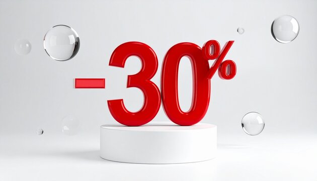 Bold red “30%” on white circular platform surrounded by glossy translucent bubbles, set against light pink gradient background.