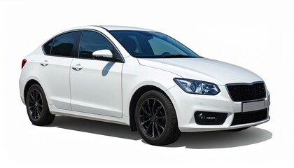 Fototapeta premium White sedan with sleek design, black alloy wheels, tinted windows, and horizontal grille viewed from front-side angle on white background.