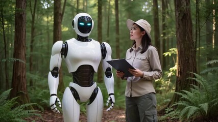 Female scientist in a ranger uniform studying data with a futuristic android assistant. Advanced artificial intelligence technology working together with humans for environmental conservation