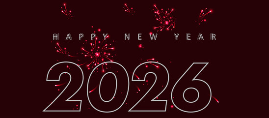 Bold red 2026 Happy New Year digital graphic with white dotted typography and festive red sparks resembling fireworks — elegant celebratory design perfect for greeting cards, posters, or banners.