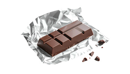 A dark chocolate bar, partly unwrapped, with pieces beside it on a black background
