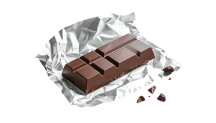 A dark chocolate bar, partly unwrapped, with pieces beside it on a black background