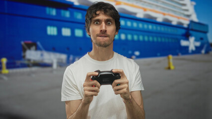 Man in white shirt grips game controller with grimace at building entrance by cruise ship; frustration.