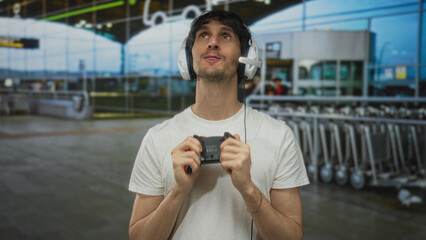 Fototapeta premium Man holds game controller at airport terminal while wearing headset and intently gazing upward; excitement joy thrill enthusiasm.