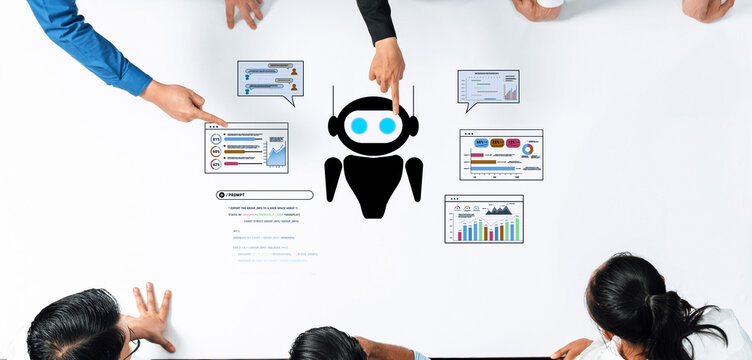 A diverse business team collaborates using chatbot technology and data visuals on a table, exemplifying modern decision-making and innovative problem-solving techniques. Trope - Powered by Adobe
