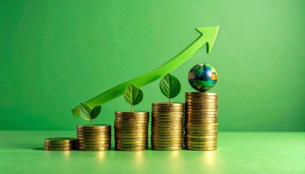 Stacks of coins in ascending order with curved green upward arrow above, set against green gradient background symbolizing financial growth.