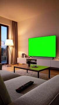 Cozy Living Room Interior with man watching television in evening young guy sitting on sofa against tv chroma green screen back view male person switching channels using remote controller distortion