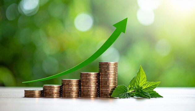 Stacks of coins in ascending order with curved green upward arrow above, set against green gradient background symbolizing financial growth.