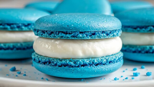 Blue Macaron Dessert - Close-up shot of vibrant blue macarons with a creamy white filling, arranged on a white plate.