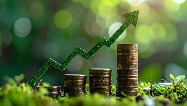 Stacks of coins in ascending order with curved green upward arrow above, set against green gradient background symbolizing financial growth.