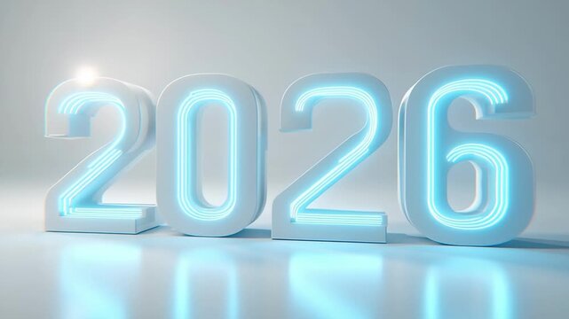 Glowing blue neon 2026 letters with light trails in modern hallway with reflective floor. Futuristic New Year signage in cyberpunk style. Illuminated digital design for tech events and promotions, dep