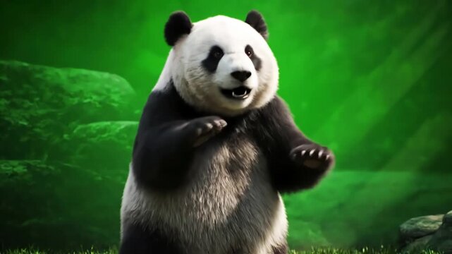 Green Screen panda zoo cg fur 3d rendering animal realistic cgi vfx animation loop crowd dance composition mapping cartoon with alpha channel scene 3 distortion, overlay, glitch, static noise, scan