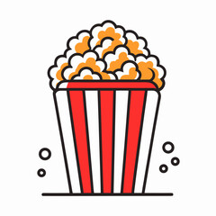 A stylized illustration of a bucket of popcorn, featuring red and white stripes and a generous pile of fluffy popcorn.
