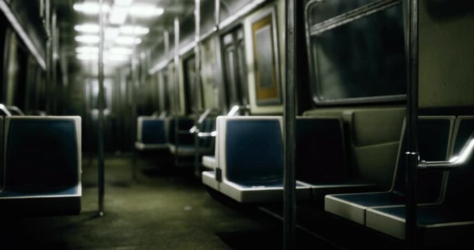 An empty subway car displays blue seats under dim lighting, creating a quiet atmosphere. The absence of passengers emphasizes the solitude of the urban transport space at night.