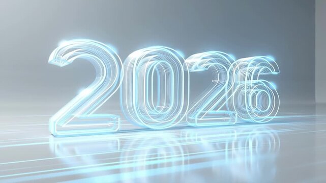 Glowing blue neon 2026 letters with light trails in modern hallway with reflective floor. Futuristic New Year signage in cyberpunk style. Illuminated digital design for tech events and promotions, dep