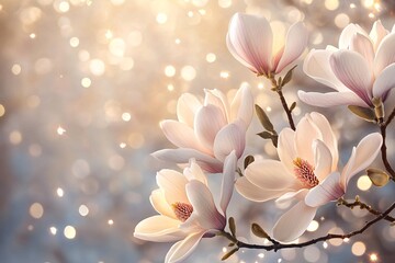 Fototapeta premium White flower on pink abstract floral background with stars and light ornaments