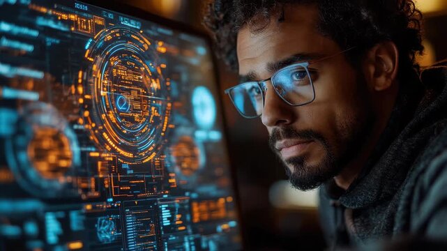 Young man focused on advanced technology screen at night in a modern workspace