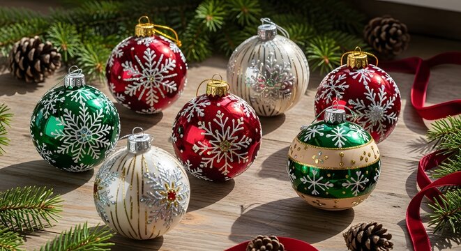 Collection of festive christmas ornaments with snowflake designs on a wooden surface