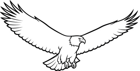 Black and white line drawing of a soaring eagle with outstretched wings