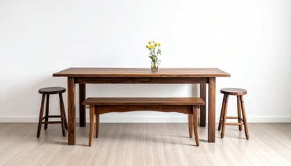 Fototapeta premium Minimalist dining setup with wooden table, bench, and stools; yellow flowers in glass vase on light wood floor against white wall.