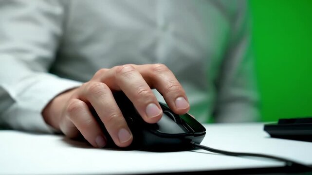 Green Screen office guy using chromakey computer closeup worker hand holding mouse device scene 3 with distortion, overlay, glitch, static noise, scan lines on black background, 4k animated video loop