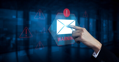 Digital warning mail interface highlights email threat detection, security monitoring, and proactive prevention of phishing and malware intrusions. Parse