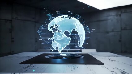 Console display shows futuristic holographic Earth globe with digital global data network technology visualization. - Powered by Adobe