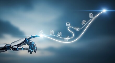 Robotic hand interacting with a glowing data stream, representing artificial intelligence and digital transformation