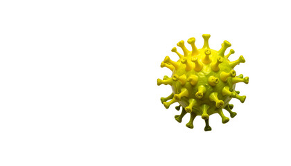 A yellow, spiked virus particle against a stark black backdrop