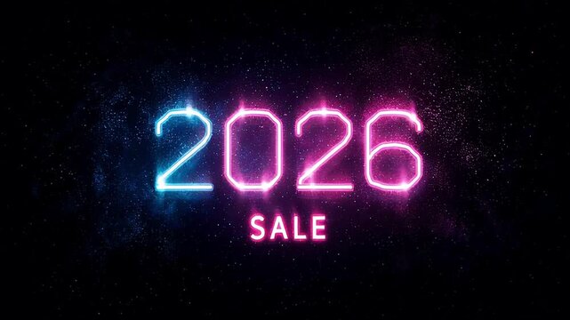 Blue neon 2026 numerals with pink sale text glowing on black backdrop with particles. Futuristic New Year discount signage in cyber style. Illuminated graphic for tech promotions and celebrations, hig
