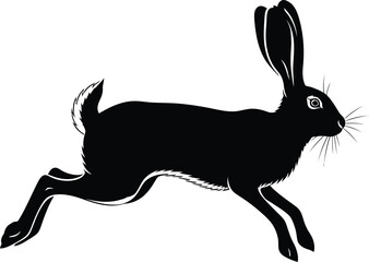 Black silhouette of a running hare with long ears and a bushy tail