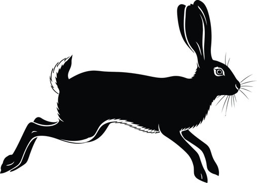 Black silhouette of a running hare with long ears and a bushy tail