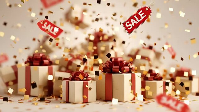 Exploding beige gift boxes with red ribbons and sale tags amid gold confetti shower. Dynamic New Year discount promotion with festive bursts and luxury presents. Energetic holiday graphic, motion blur