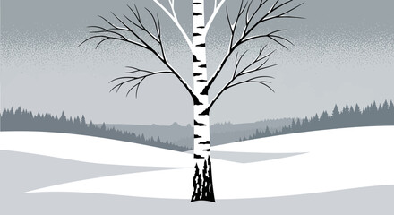 Winter's Embrace: Minimalist Birch Tree Silhouette in Snowy Landscape Vector