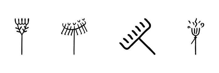 Fototapeta premium Rake Line Icon Set In Doodle Style. Gardening Tools And Yard Maintenance Outline Sketch Collection. Hand Drawn Isolated Vector Illustration