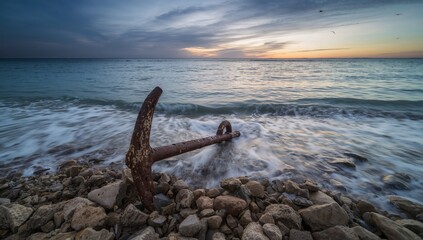 Rusty Relic on the Shoreline, A Coastal Dusk Scene with a weathered Anchor in Focus.