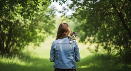 Young woman with cat on shoulder walking in the park on a sunny summer day