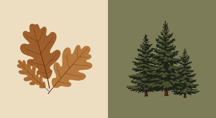 Autumnal Trees and Oak Leaves Split Tone Vector Illustration Artwork