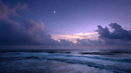 A tranquil twilight ocean scene under a starry purple sky with dramatic clouds and gentle waves
