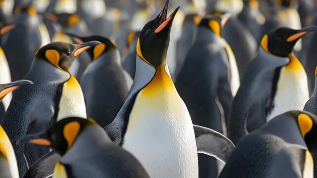 Group of king penguins standing together in the cold antarctic landscape showing wildlife harmony and natural animal behavior