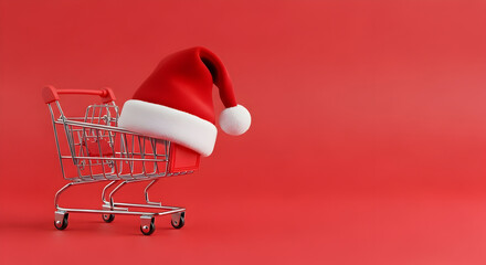 Christmas shopping concept with santa claus hat in shopping cart isolated on red background