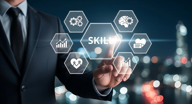 Businessman touching a digital interface with icons representing various skills and business growth in a city at night