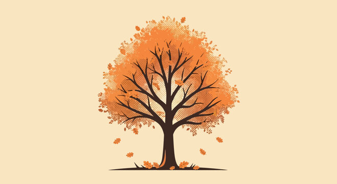 Stylized autumn tree with falling leaves and a warm, inviting color palette
