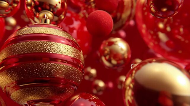 Floating golden and red baubles with striped ornaments against red backdrop. Playful New Year sphere cluster in metallic hues with depth and motion. Festive holiday decoration for celebrations and ads