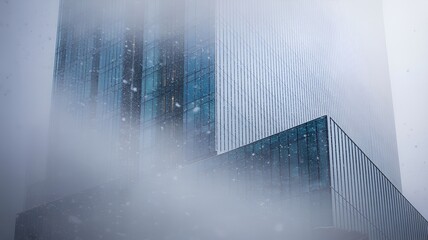 High-rise building shrouded in dense fog, with its sharp edges outlined.