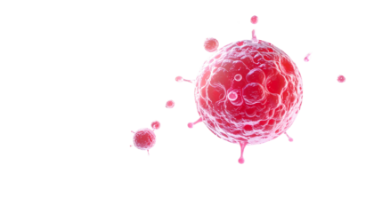 3D rendered microscopic image of a red virus-like cell with spikes against a black backdrop