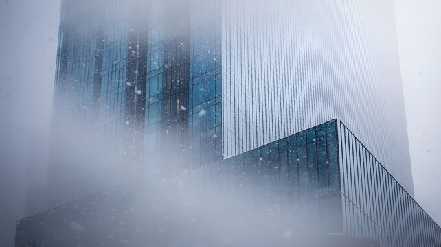 High-rise building shrouded in dense fog, with its sharp edges outlined.