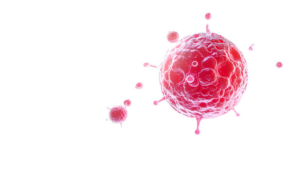 3D rendered microscopic image of a red virus-like cell with spikes against a black backdrop