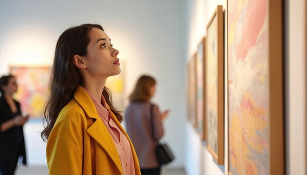 Elegant woman examines artwork in modern art gallery. Guests appreciate paintings at cultural event. Visitors explore exhibition space enjoying artistic creations and social interaction.