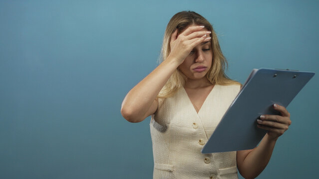 Young blonde woman holding a clipboard, glancing down and raising a hand to her forehead in a blue studio; concern focus.